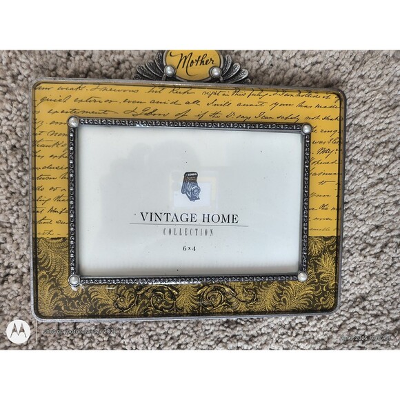 Vintage Home Collection 6 x 4 Mother Yellow Metal Glass Ornate Picture Frame - Picture 2 of 9